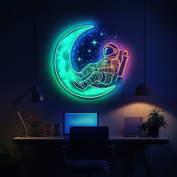 Astronaut Neon on the Moon | Astronaut LED Light on the Moon | Astronaut Decoration on the Moon | Space Fan Gift | Astronaut Art | Children and Game Room Decoration | Custom Neon Logo | Custom LED Logo