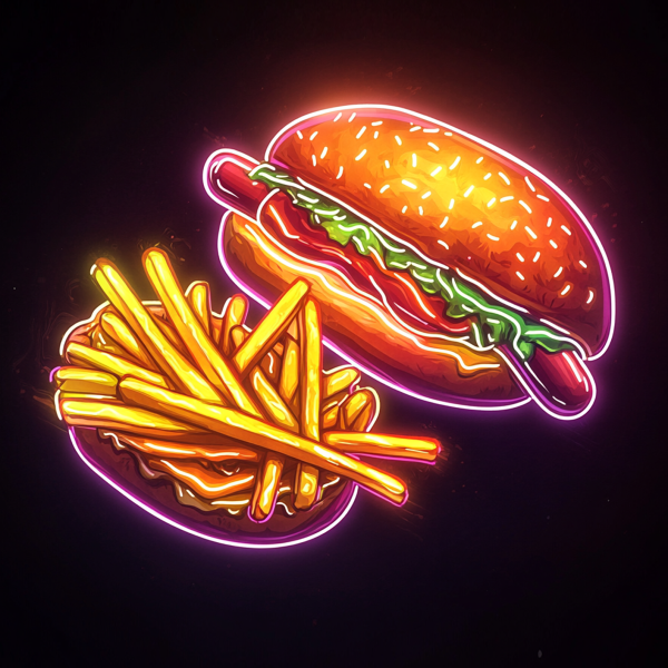 Creative Neon Light | Delicious Burger | Big Burger with Ham and Fresh Vegetables and French Fries | Enjoy every bite | Stylized LED Light | Restaurant, Kitchen, Party Decoration | Custom Neon Logo | Custom LED Logo