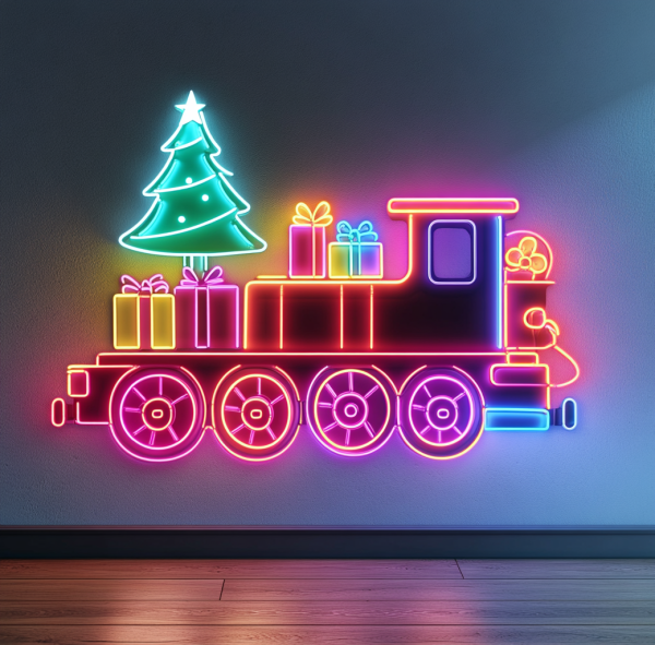Santa Claus Red Train LED Lights Neon - Full of Christmas Gifts | With Green Christmas Tree | Perfect Holiday Decoration | Custom neon sign | Custom led sign - 图片 4