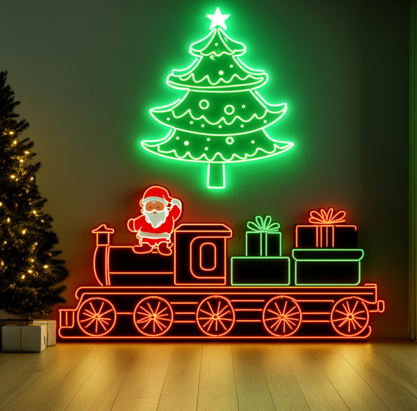 Santa Claus Red Train LED Lights Neon - Full of Christmas Gifts | With Green Christmas Tree | Perfect Holiday Decoration | Custom neon sign | Custom led sign