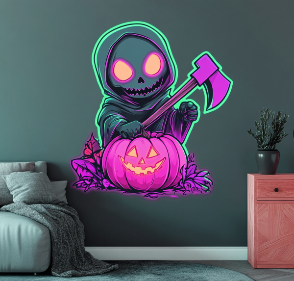 Halloween Ghost Neon | Ghost Neon Light Holding an Axe and Stepping on Pumpkin | Halloween Ghost Neon Light | Horror Ghost Neon Light | Ghost LED Neon Light | Custom Neon Logo | Custom LED Logo - 图片 3