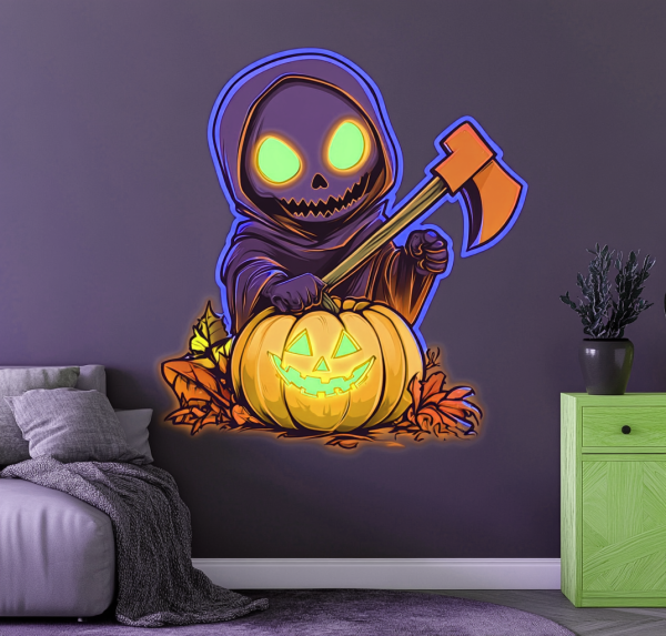 Halloween Ghost Neon | Ghost Neon Light Holding an Axe and Stepping on Pumpkin | Halloween Ghost Neon Light | Horror Ghost Neon Light | Ghost LED Neon Light | Custom Neon Logo | Custom LED Logo - 图片 4