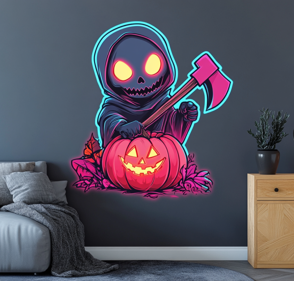 Halloween Ghost Neon | Ghost Neon Light Holding an Axe and Stepping on Pumpkin | Halloween Ghost Neon Light | Horror Ghost Neon Light | Ghost LED Neon Light | Custom Neon Logo | Custom LED Logo