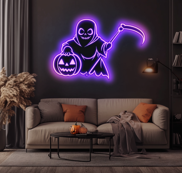 Cute ghost decorated with pumpkin and machete LED neon - Halloween wall art | neon for horror decoration | Custom neon sign | Custom led sign - 图片 4