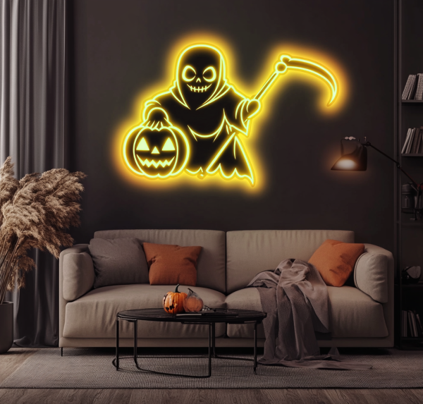 Cute ghost decorated with pumpkin and machete LED neon - Halloween wall art | neon for horror decoration | Custom neon sign | Custom led sign - 图片 3