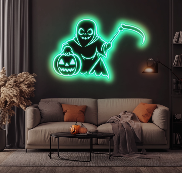 Cute ghost decorated with pumpkin and machete LED neon - Halloween wall art | neon for horror decoration | Custom neon sign | Custom led sign - 图片 2