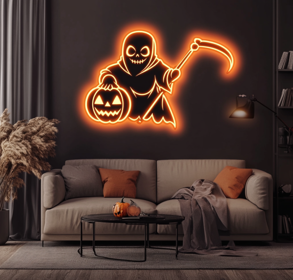 Cute ghost decorated with pumpkin and machete LED neon - Halloween wall art | neon for horror decoration | Custom neon sign | Custom led sign