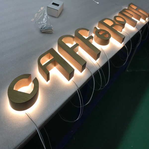 Customized 3D wooden backlit signage | Commercial logo 3D letter backlit signage | Thermal transfer printing wood grain 3D metal letter lamp