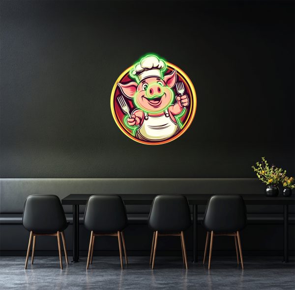 Pig neon sign holding a fork in both hands | Customized pig mascot name | Used for barbecue badge artwork LED neon | Pork barbecue logo artwork | LED neon sign | Barbecue neon sign customization | Restaurant neon sign barbecue pig | LED barbecue neon Rainbow lamp sign | Custom neon sign | Custom led sign