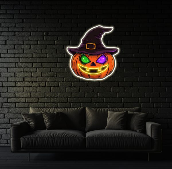 LED neon with a strange hat with pumpkin lights | The perfect choice to add a festive atmosphere to your Halloween decoration | Pumpkin neon | Halloween pumpkin neon | Halloween party decoration | Home decoration | Halloween gift | Pumpkin decoration personalized gift | Custom neon sign | Custom led sign - 图片 2