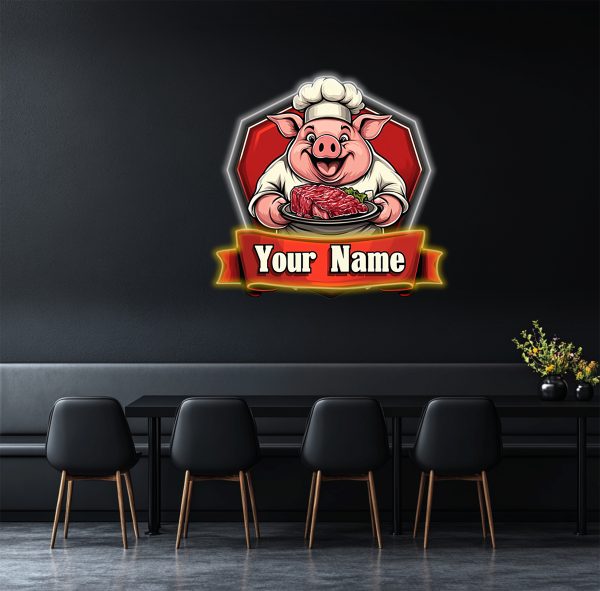 The neon sign of the pig chef holding the barbecue | Customized acrylic printing LED sign | Wall neon sign | Personalized neon LED sign | Wall decoration restaurant commercial store | Custom neon sign | Custom led sign