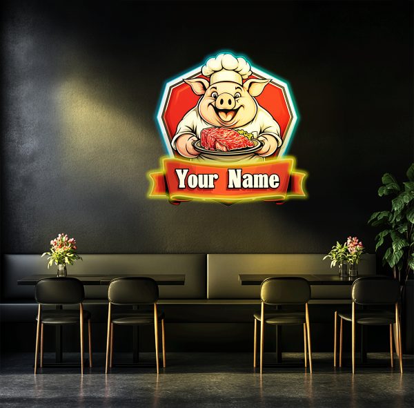 The neon sign of the pig chef holding the barbecue | Customized acrylic printing LED sign | Wall neon sign | Personalized neon LED sign | Wall decoration restaurant commercial store | Custom neon sign | Custom led sign - 图片 3
