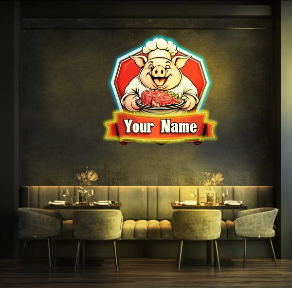 The neon sign of the pig chef holding the barbecue | Customized acrylic printing LED sign | Wall neon sign | Personalized neon LED sign | Wall decoration restaurant commercial store | Custom neon sign | Custom led sign - 图片 4