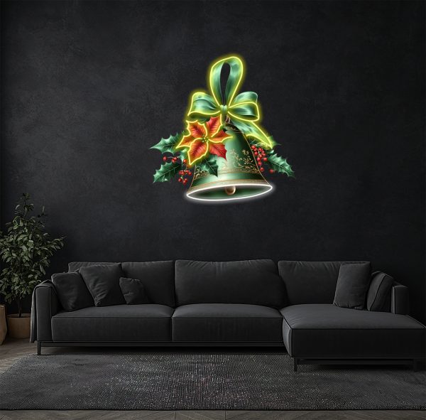 Christmas Bell Neon Light | Green bow tie Decoration | Happiness and Joy LED Lighting | Perfect Holiday Gifts | Home and Bar Wall Decoration | Bedroom Decoration | Warm Holiday Home Decoration |  Custom neon sign | Custom led sign