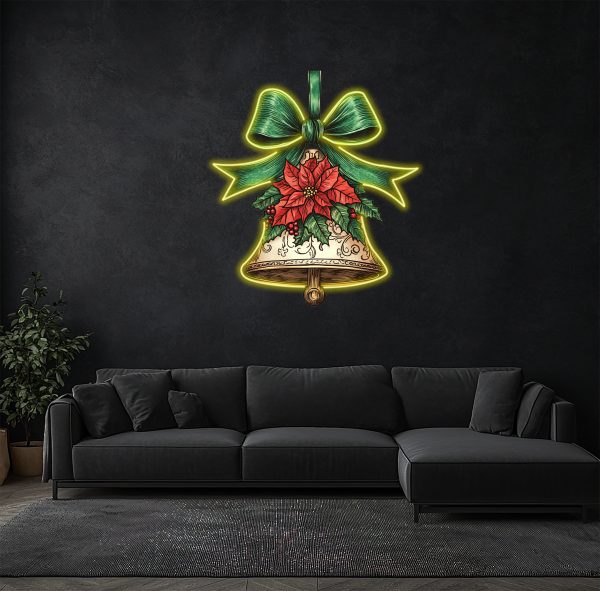 Christmas Bell LED Neon Decoration - Green bow tie Decoration with Green Leaf Red Flowers Surround Neon | Perfect Holiday Home Decoration | UV Printed Picture Neon Decoration |  Custom neon sign | Custom led sign - 图片 4