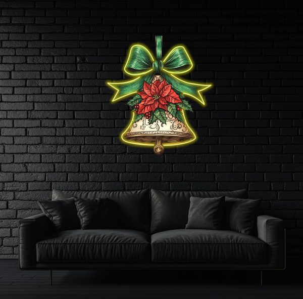 Christmas Bell LED Neon Decoration - Green bow tie Decoration with Green Leaf Red Flowers Surround Neon | Perfect Holiday Home Decoration | UV Printed Picture Neon Decoration |  Custom neon sign | Custom led sign