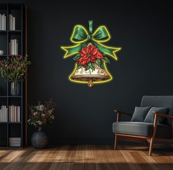 Christmas Bell LED Neon Decoration - Green bow tie Decoration with Green Leaf Red Flowers Surround Neon | Perfect Holiday Home Decoration | UV Printed Picture Neon Decoration |  Custom neon sign | Custom led sign - 图片 2