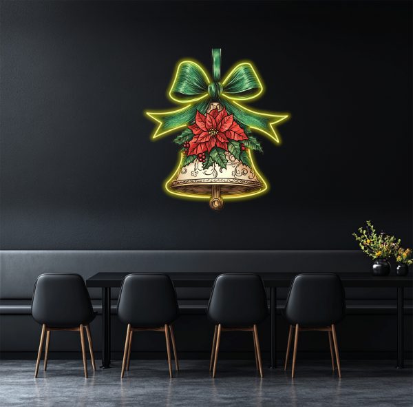 Christmas Bell LED Neon Decoration - Green bow tie Decoration with Green Leaf Red Flowers Surround Neon | Perfect Holiday Home Decoration | UV Printed Picture Neon Decoration |  Custom neon sign | Custom led sign - 图片 3
