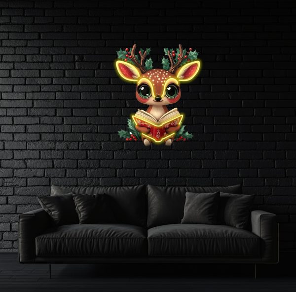 Reindeer Neon Christmas Printing Art - Cute Reindeer Holding Books | Holiday Wall Art for Children's Room or Holiday Decoration | UV Printing Christmas Neon Logo | Christmas Neon Logo Customization | Merry Christmas Lighting Party Decoration | Christmas Gift Decoration | Custom neon sign | Custom led sign - 图片 2