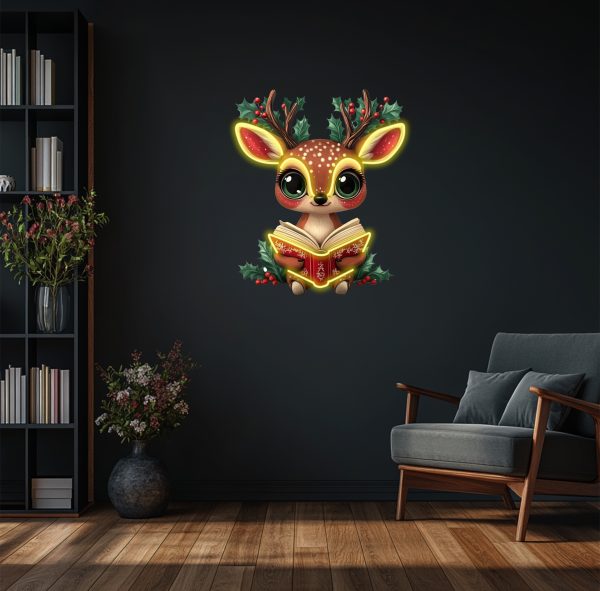 Reindeer Neon Christmas Printing Art - Cute Reindeer Holding Books | Holiday Wall Art for Children's Room or Holiday Decoration | UV Printing Christmas Neon Logo | Christmas Neon Logo Customization | Merry Christmas Lighting Party Decoration | Christmas Gift Decoration | Custom neon sign | Custom led sign - 图片 3