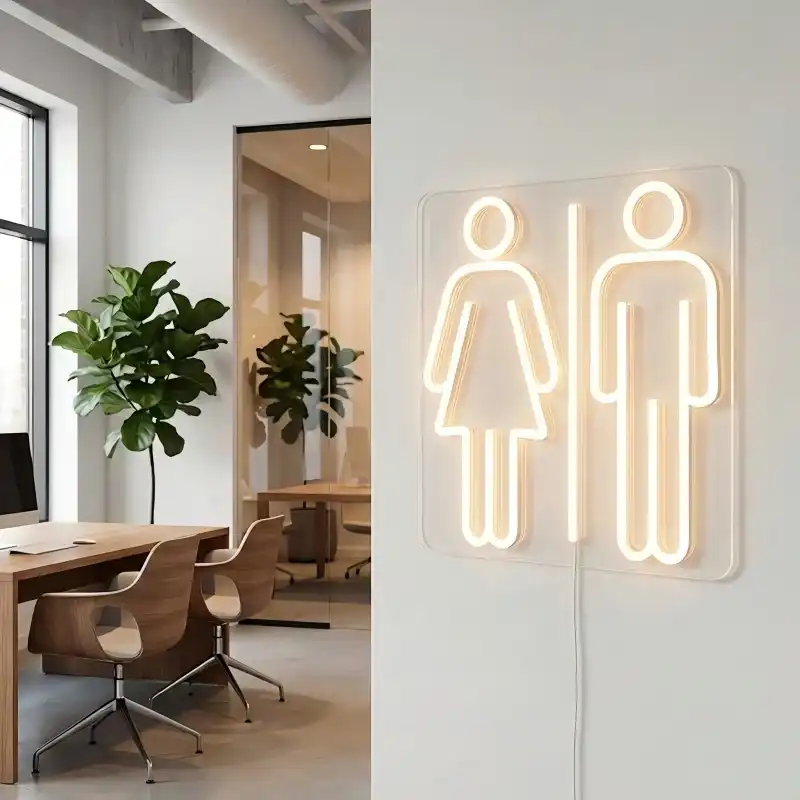 modern LED restroom neon sign with male and female icons on acrylic wall sign for bathroom washroom commercial interior