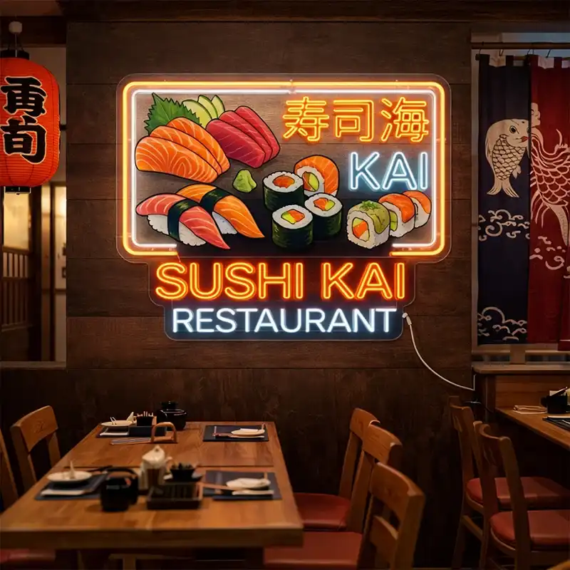 freecompress-2-4@_updated Custom sushi restaurant LED neon sign with sushi illustrations mounted behind a counter
